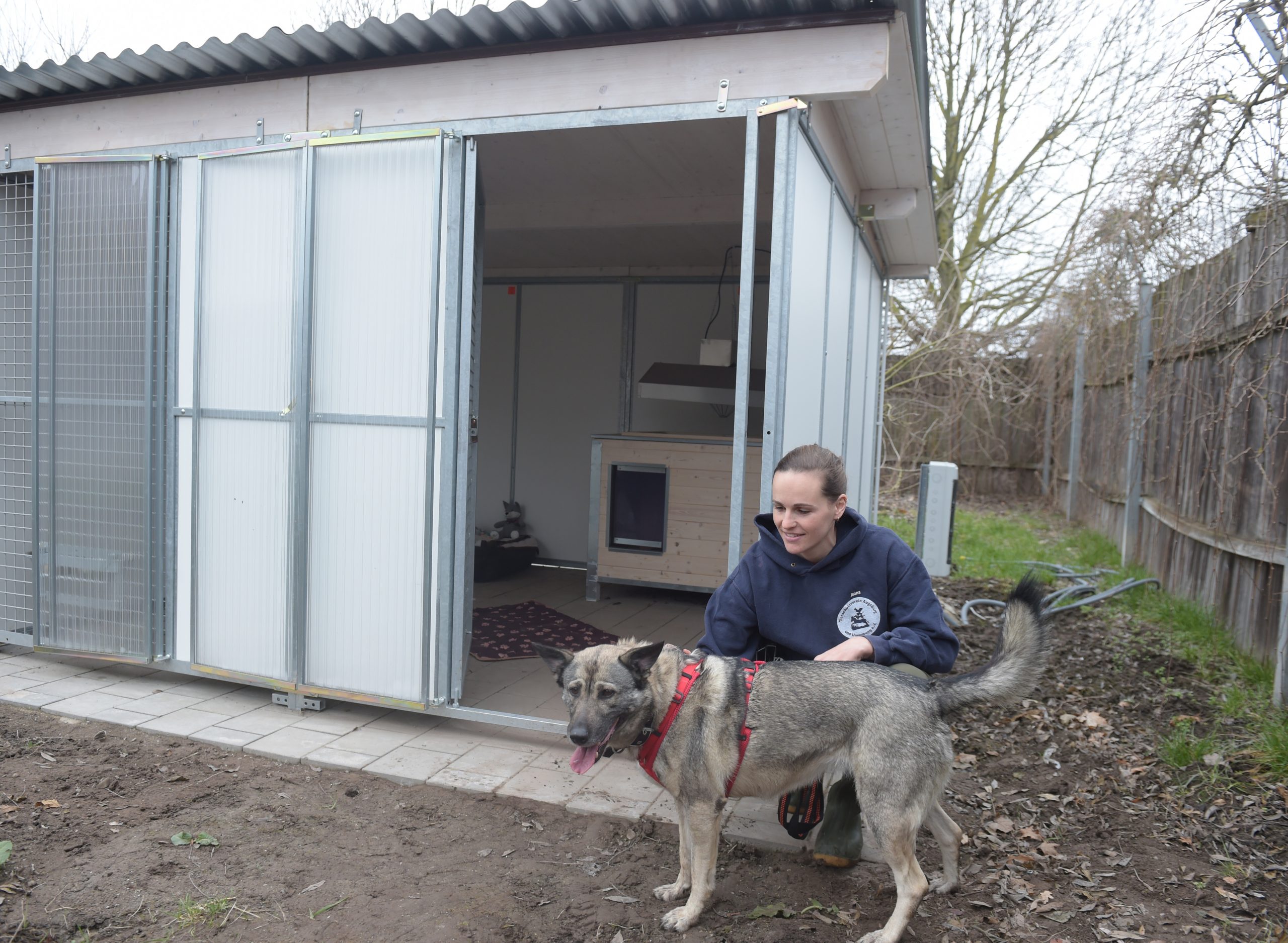 Wir blicken auf eine Frau, die sich freundlich lächelnd zu einem gescheckten Hund gehockt hat. Sie streichelt den Hund und blickt ihn an. Im Hintergrund ist eine Art geräumiger Stall mit Wärmelampen und Hundespielzeug zu sehen.